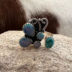 ❤️ Balloon Opal & Turquoise Navajo Style Butterfly Sterling By-Pass Ring Adj Sz